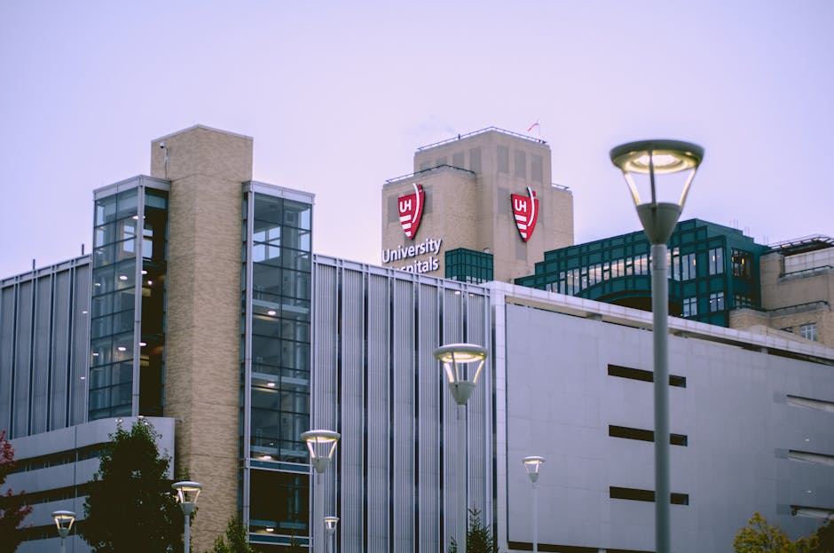 View of University Hospitals building in Cleveland, OH against a clear sky.